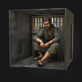 Desolate Man Sitting in Small Room with Barred Window and Tied Hands Wearing Tattered Clothes