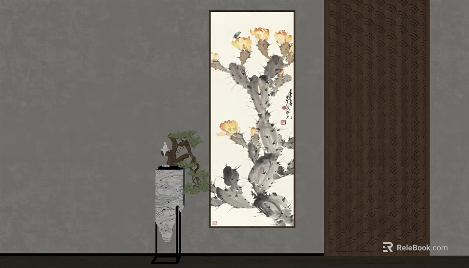 Ink Style Plant Painting of Cactus with Yellow Flowers and Decorative Stone in Room 3d model 