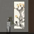 Ink Style Plant Painting of Cactus with Yellow Flowers and Decorative Stone in Room