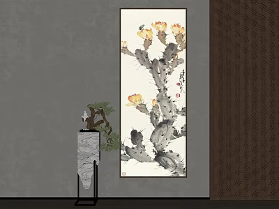 Ink Style Plant Painting of Cactus with Yellow Flowers and Decorative Stone in Room 3d model