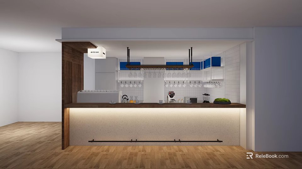 Modern Tea Room Interior With Wooden Counter White Tile Walls And Coffee Machine 3d model 