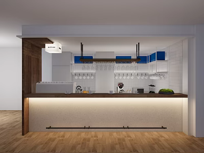 Modern Tea Room Interior With Wooden Counter White Tile Walls And Coffee Machine 3d model