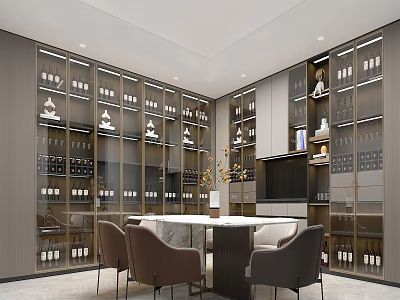 Luxurious Bar Area Interior Design With Glass Wine Cabinets Dining Table And Chairs 3d model