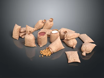 Burlap Storage Bags With Soybeans And White Powder Container For Food 3d model