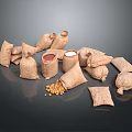 Burlap Storage Bags With Soybeans And White Powder Container For Food
