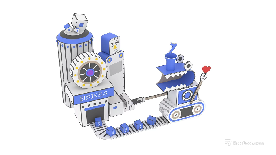 Cartoon Style Amusement Rides With Mechanical Structures Gears And Toy Train Tracks 3d model 