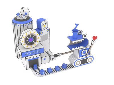 Cartoon Style Amusement Rides With Mechanical Structures Gears And Toy Train Tracks 3d model