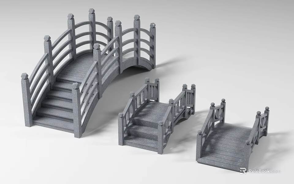 Three Gray Bridge Models With Railings And Steps In Different Sizes 3d model 