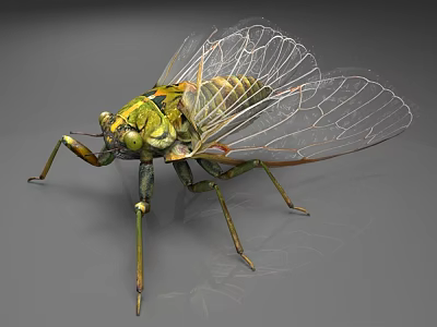 Green Cicada With Transparent Veined Wings And Detailed Exoskeleton Close Up 3d model