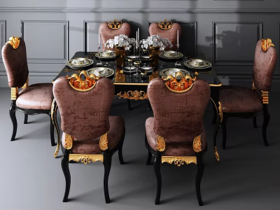 Luxurious Classic Dining Table Set With Velvet Chairs Gold Accents And Black Tabletop 3d model