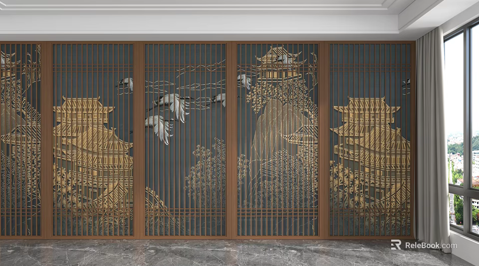 Chinese Style Background Wall Design With Wooden Frames Golden Patterns And Crane Landscape Elements 3d model