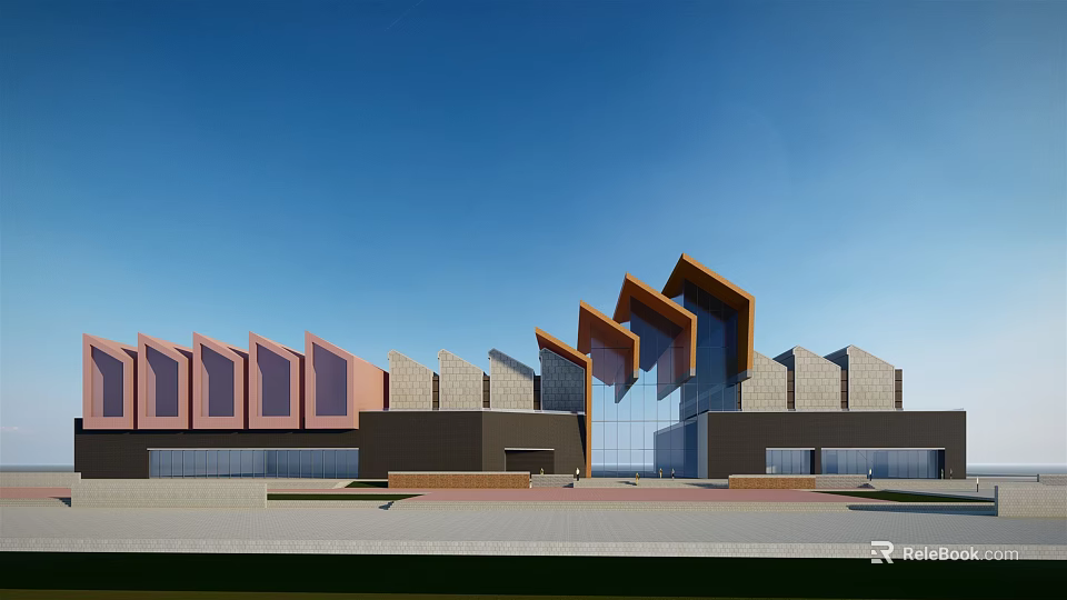 Modern Commercial Complex With Geometric Roof Design Glass Facade And Urban Retail Space 3d model 