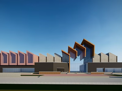 Modern Commercial Complex With Geometric Roof Design Glass Facade And Urban Retail Space 3d model