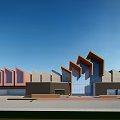 Modern Commercial Complex With Geometric Roof Design Glass Facade And Urban Retail Space