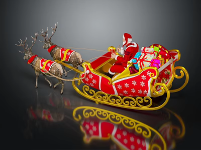 Reindeer Pulling Santa Claus On Red Sleigh With Gold Decorations And Colorful Gifts 3d model