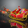 Reindeer Pulling Santa Claus On Red Sleigh With Gold Decorations And Colorful Gifts