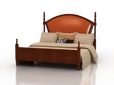 Wooden Double Bed With Leather Upholstered Headboard Poster Frame And Decorative Pillows 3d model