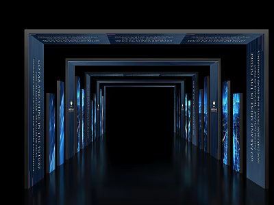 Futuristic Corridor With Dark Door Frames Blue Lighting And Inscribed Text 3d model