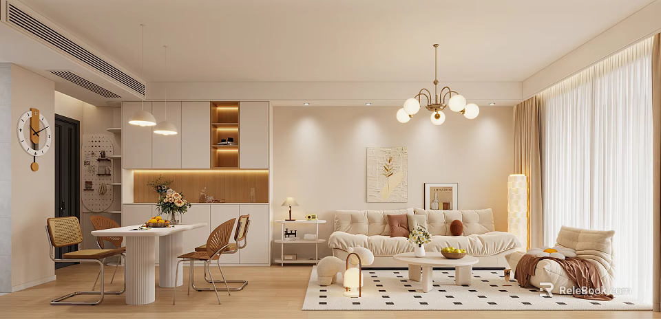 Soft Warm Cream Tone Open Plan Dining And Living Room With Cozy Modern Interior Design 3d model 