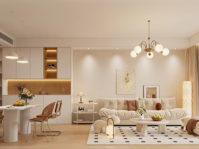 Soft Warm Cream Tone Open Plan Dining And Living Room With Cozy Modern Interior Design 3d model