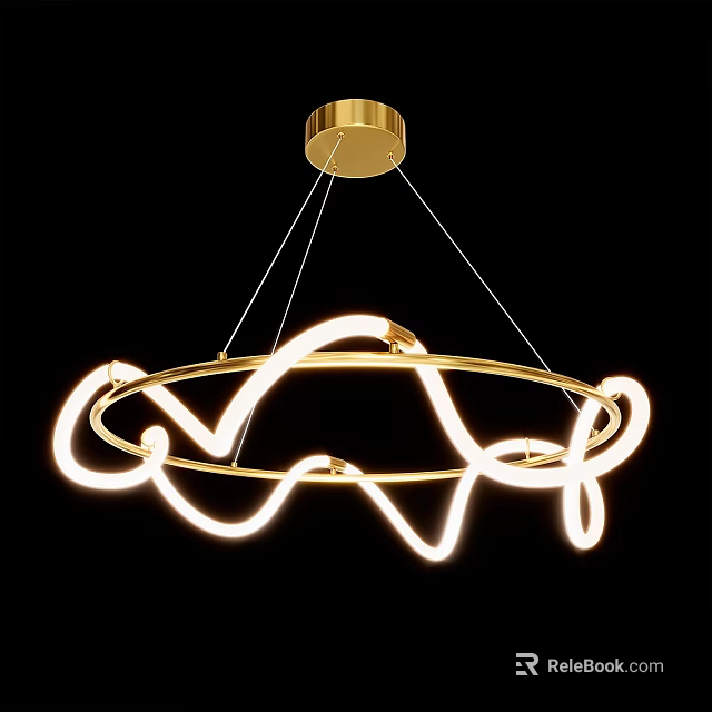 Modern Golden Chandelier with Circular Wavy Frame and Neon Illuminated Curved Lines in Modern Style 3d model 