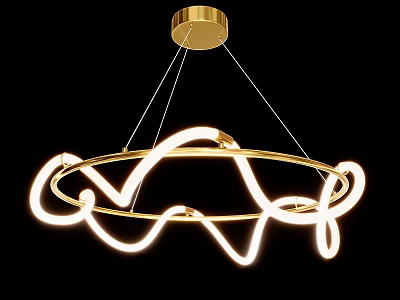 Modern Golden Chandelier with Circular Wavy Frame and Neon Illuminated Curved Lines in Modern Style 3d model