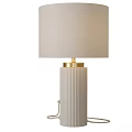 Stylish Modern Table Lamp With Beige Linen Shade White Ribbed Ceramic Base And Golden Accent