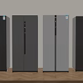 Four Different Colors Double Door Modern Refrigerators Side by Side With Light Wall Wooden Floor