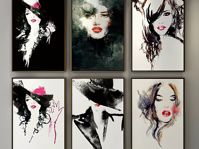 Six Female Portrait Paintings Featuring Stylish Hats Red Lips And Artistic Hairstyles 3d model