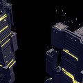 Futuristic Architecture With Tall Buildings Illuminated Yellow Lights And Tech Logos