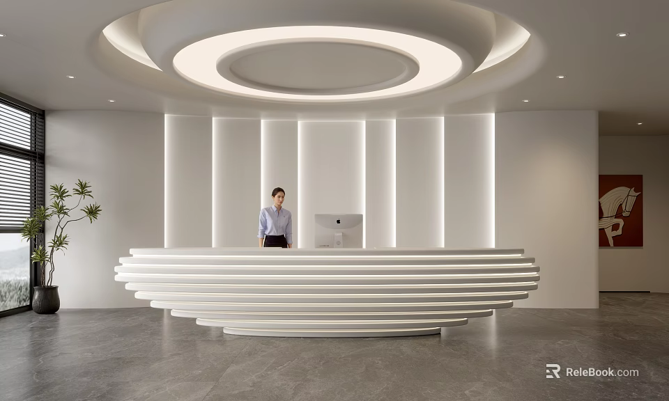 Modern White Curved Reception Desk In Office Lobby With Circular Ceiling Light And Green Plant 3d model 