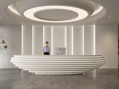 Modern White Curved Reception Desk In Office Lobby With Circular Ceiling Light And Green Plant 3d model