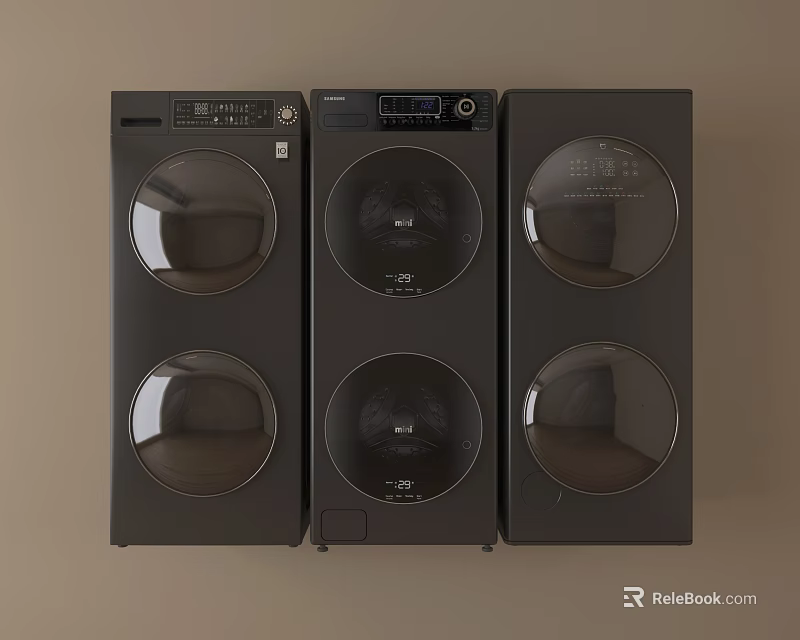 Three Black Modern Washing Machines Side By Side With Round Glass Doors And Control Panel 3d model 