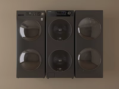 Three Black Modern Washing Machines Side By Side With Round Glass Doors And Control Panel 3d model
