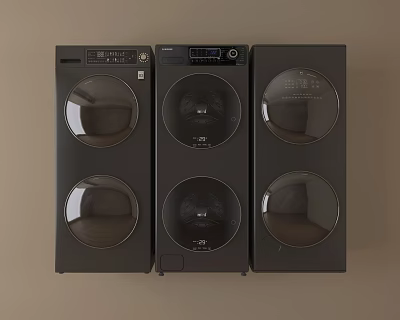 Three Black Modern Washing Machines Side By Side With Round Glass Doors And Control Panel 3d model