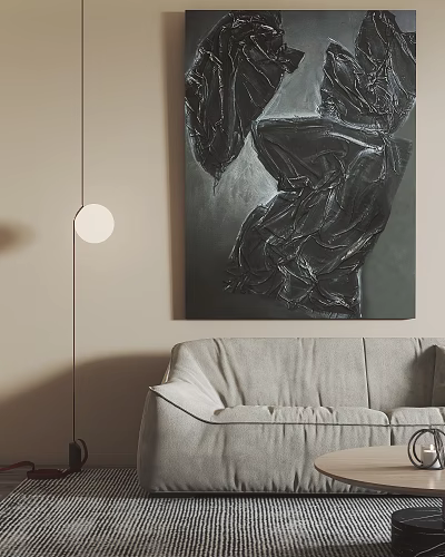 Modern Living Room With Gray Sofa Floor Lamp And Abstract Art 3d model