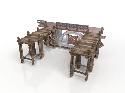Traditional Wooden Architectural Structure With Detailed Carved Lattice And Matching Tables Chairs 3d model