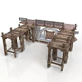 Traditional Wooden Architectural Structure With Detailed Carved Lattice And Matching Tables Chairs