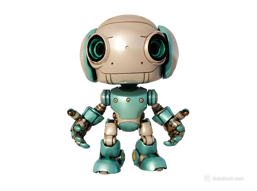 Cute Friendly Cartoon Style Smart Robot With Turquoise Beige Color And Large Green Mechanical Eyes Design 3d model 
