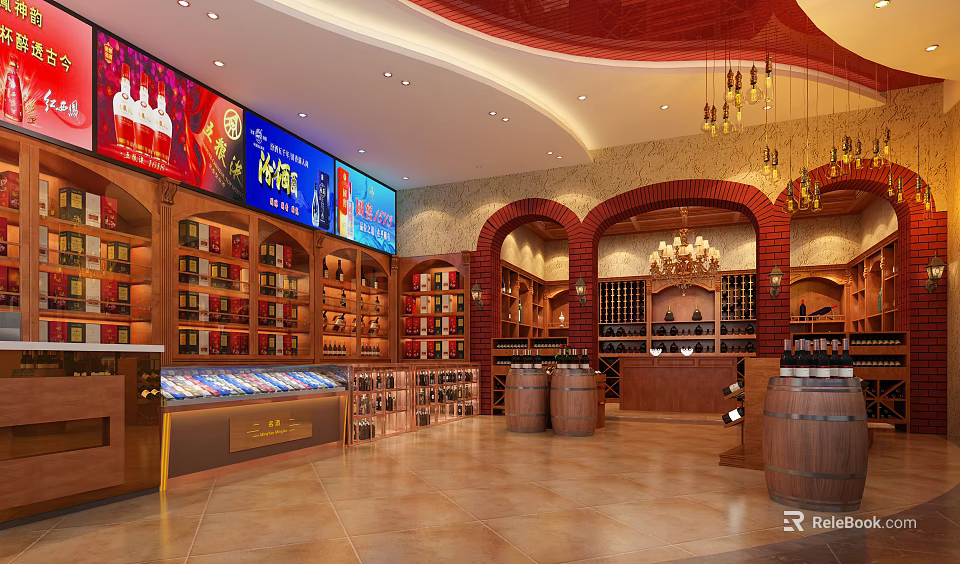 Elegant Tobacco And Alcohol Store Interior With Shelves Arched Doorways And Wooden Barrels 3d model 