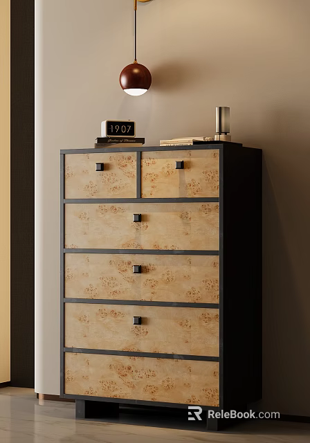 Elegant Wooden Chest of Drawers With Metal Handles And Vintage Clock On Top 3d model 