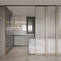 Modern Interior Design Featuring Frosted Glass Sliding Doors With Gold Frame In Kitchen Space