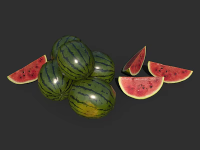 Fresh Watermelon Whole and Sliced Ripe Juicy Fruits with Vibrant Red Flesh and Green Rind 3d model