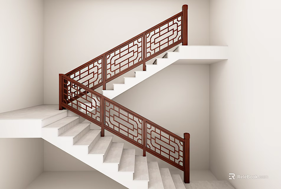 Wooden Stair Railing With Carved Patterns And Dark Brown Finish For Indoor Stairs 3d model 