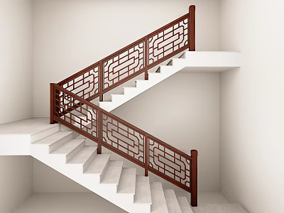 Wooden Stair Railing With Carved Patterns And Dark Brown Finish For Indoor Stairs 3d model