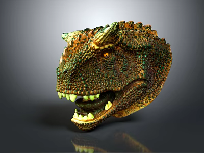 Detailed T Rex Dinosaur Head Model With Green Scaly Skin Sharp Teeth And Horns 3d model