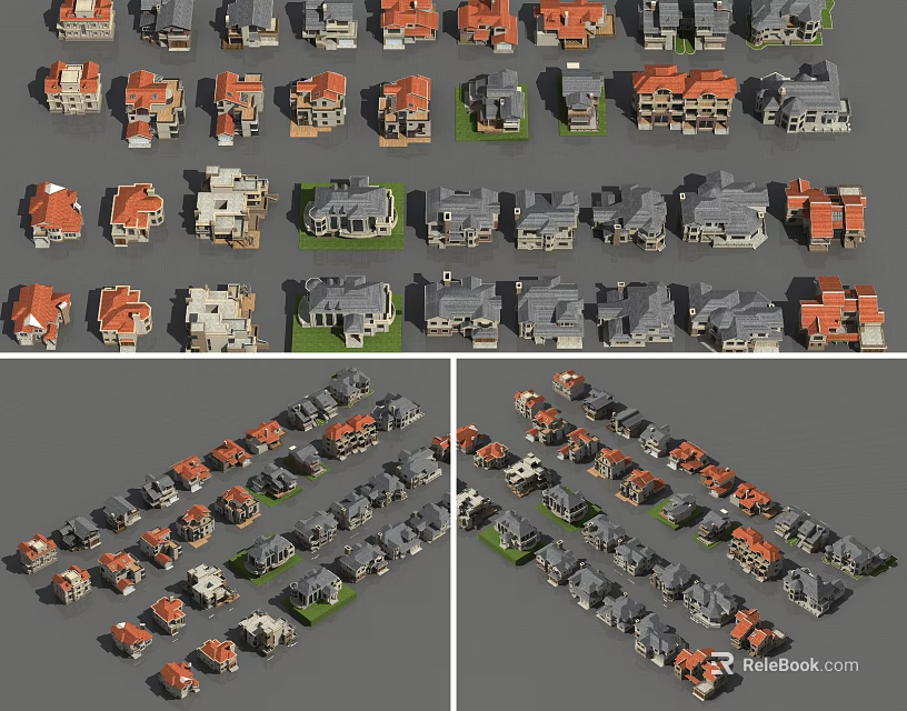 Various Designed Detached Houses With Red Gray Roofs And Different Architectural Styles 3d model 