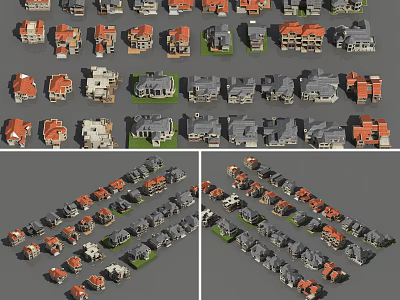 Various Designed Detached Houses With Red Gray Roofs And Different Architectural Styles 3d model