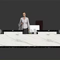 Modern White Marble Reception Desk With Black Countertop Laptop And Office Chair