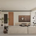 Modern Open Concept Living Room Dining Area With Sofa Coffee Table TV And Wooden Accents